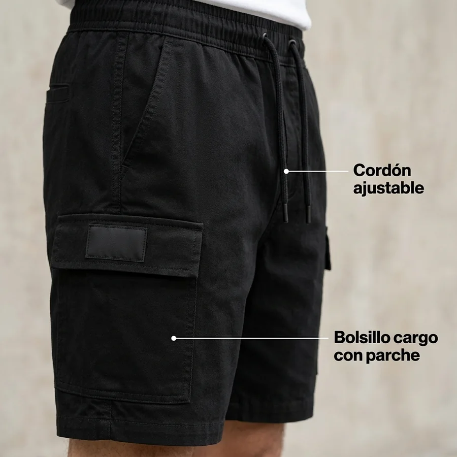 Detalle del bolsillo de parche cosido por fuera y del corte ancho.
