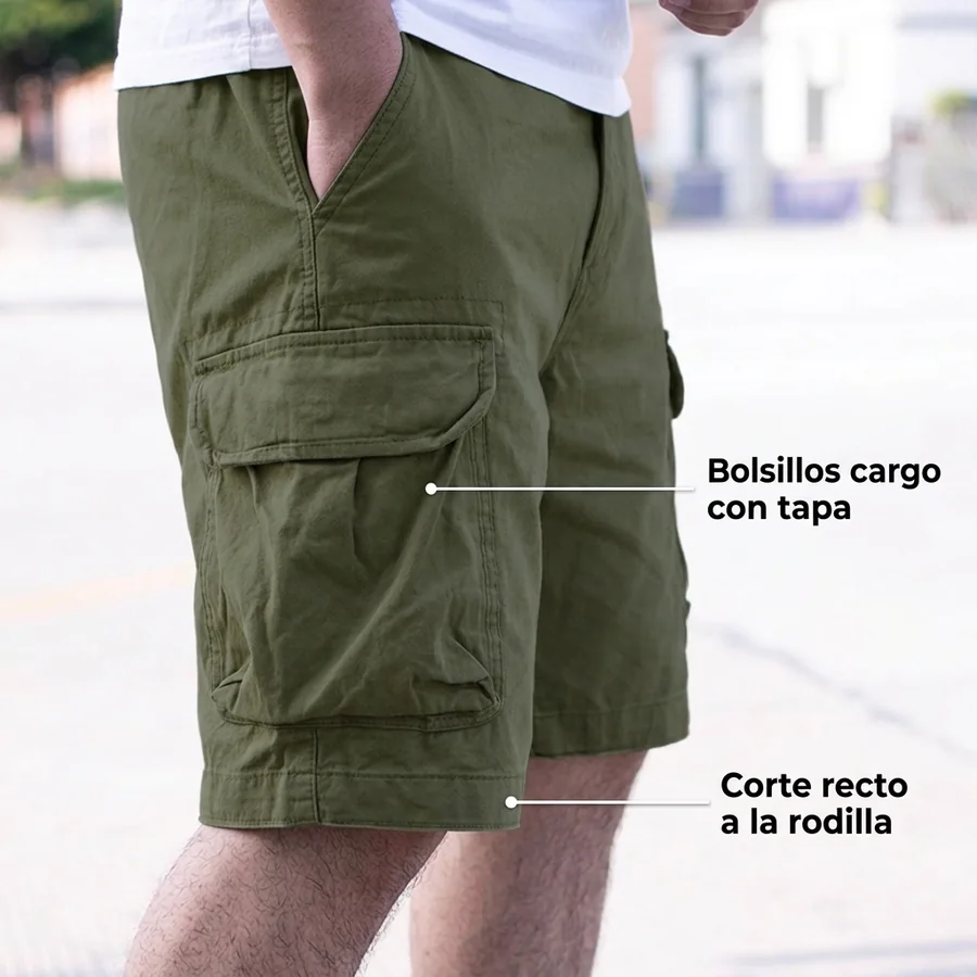 Detalle de los bolsillos cargo con tapa y del corte recto a la rodilla.