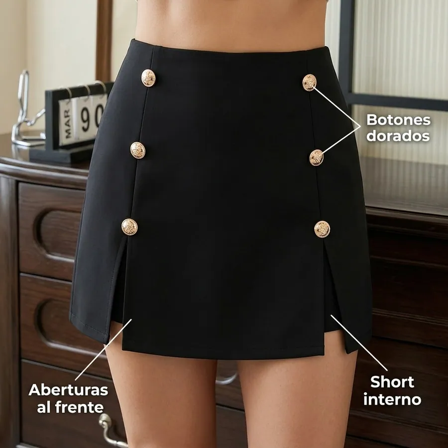Detalle de la falda: botones dorados, aberturas al frente y short interno.