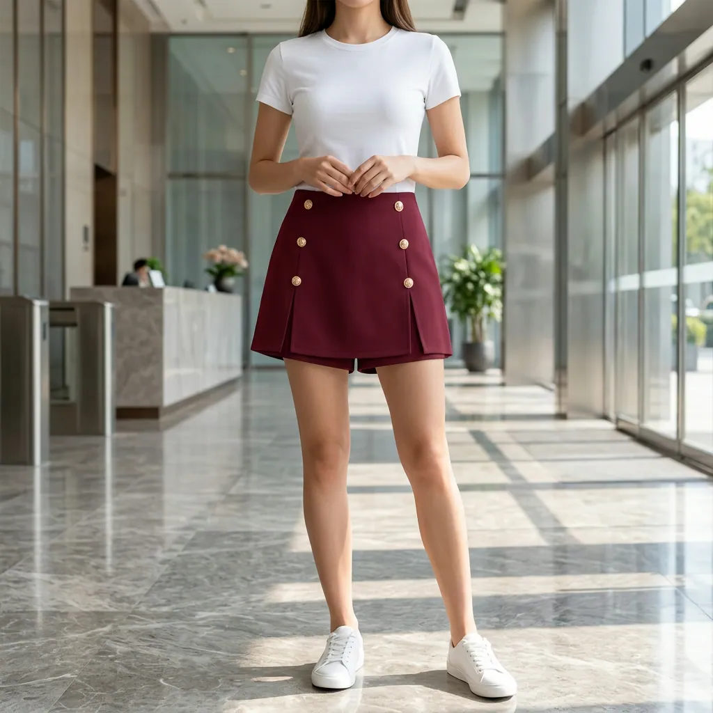 Falda Short Botones Dorados en vino tinto.