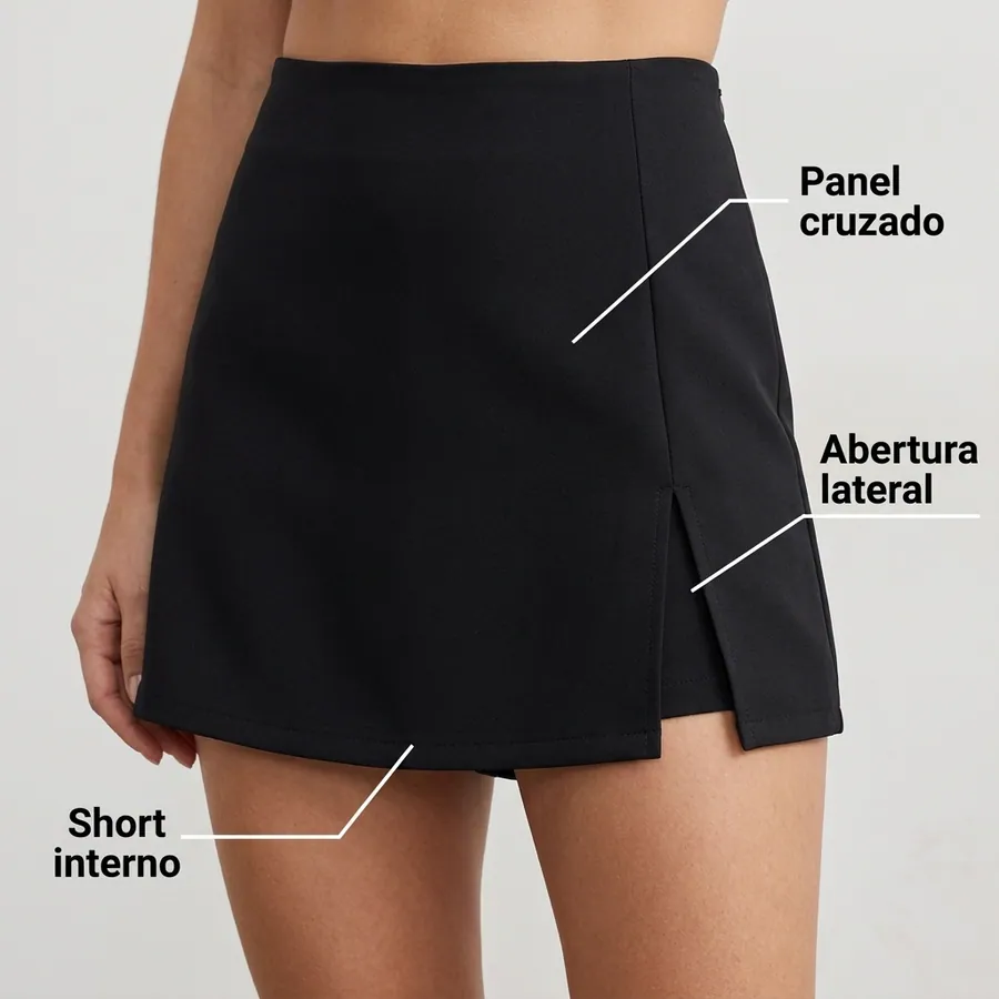 Detalle de la falda: panel cruzado, abertura lateral y short interno.