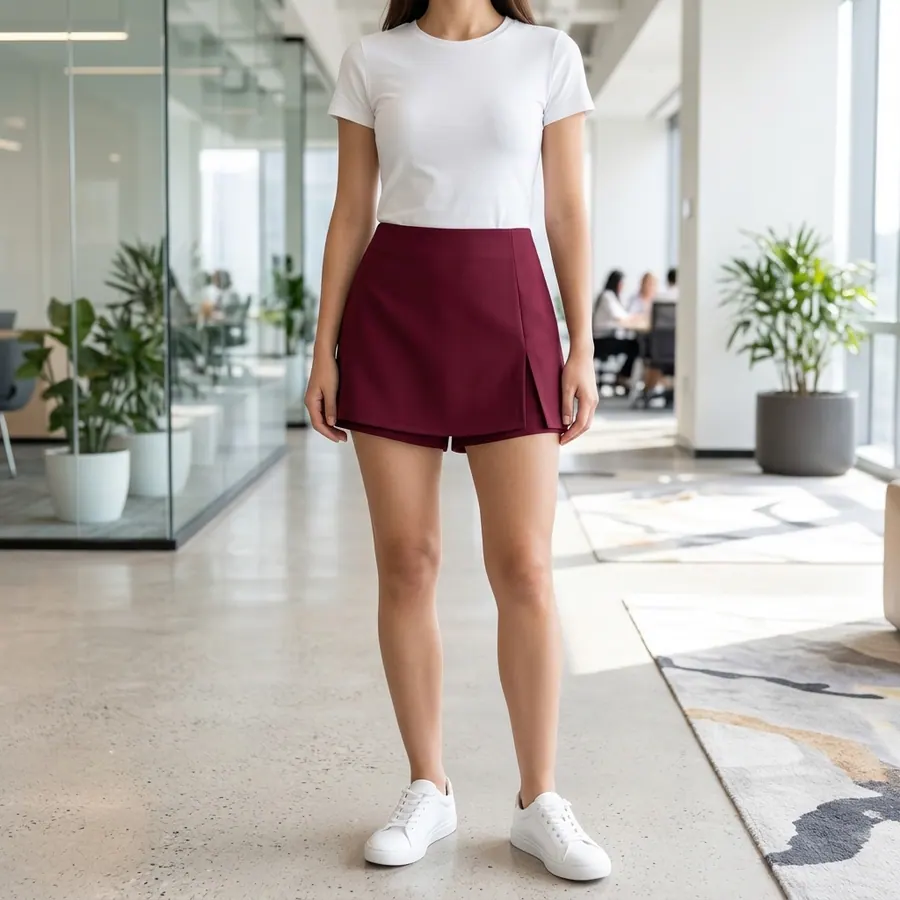 Falda cruzada en vino tinto con camiseta blanca.