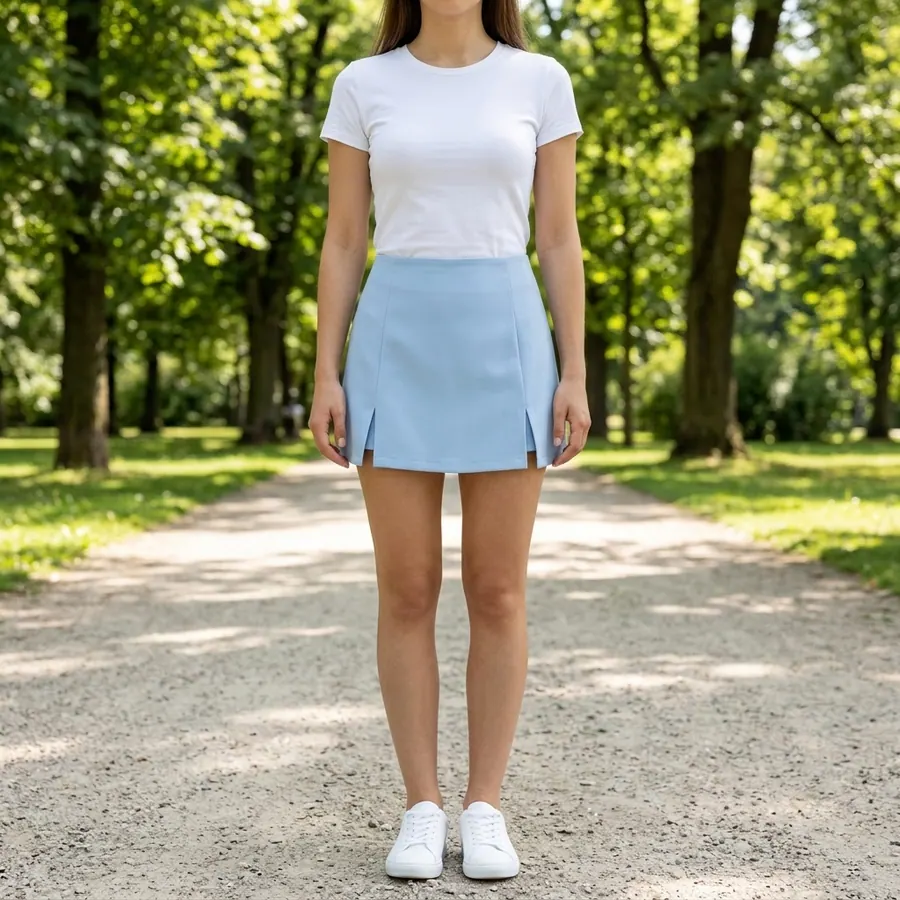 Falda línea A en azul bebé en un parque.